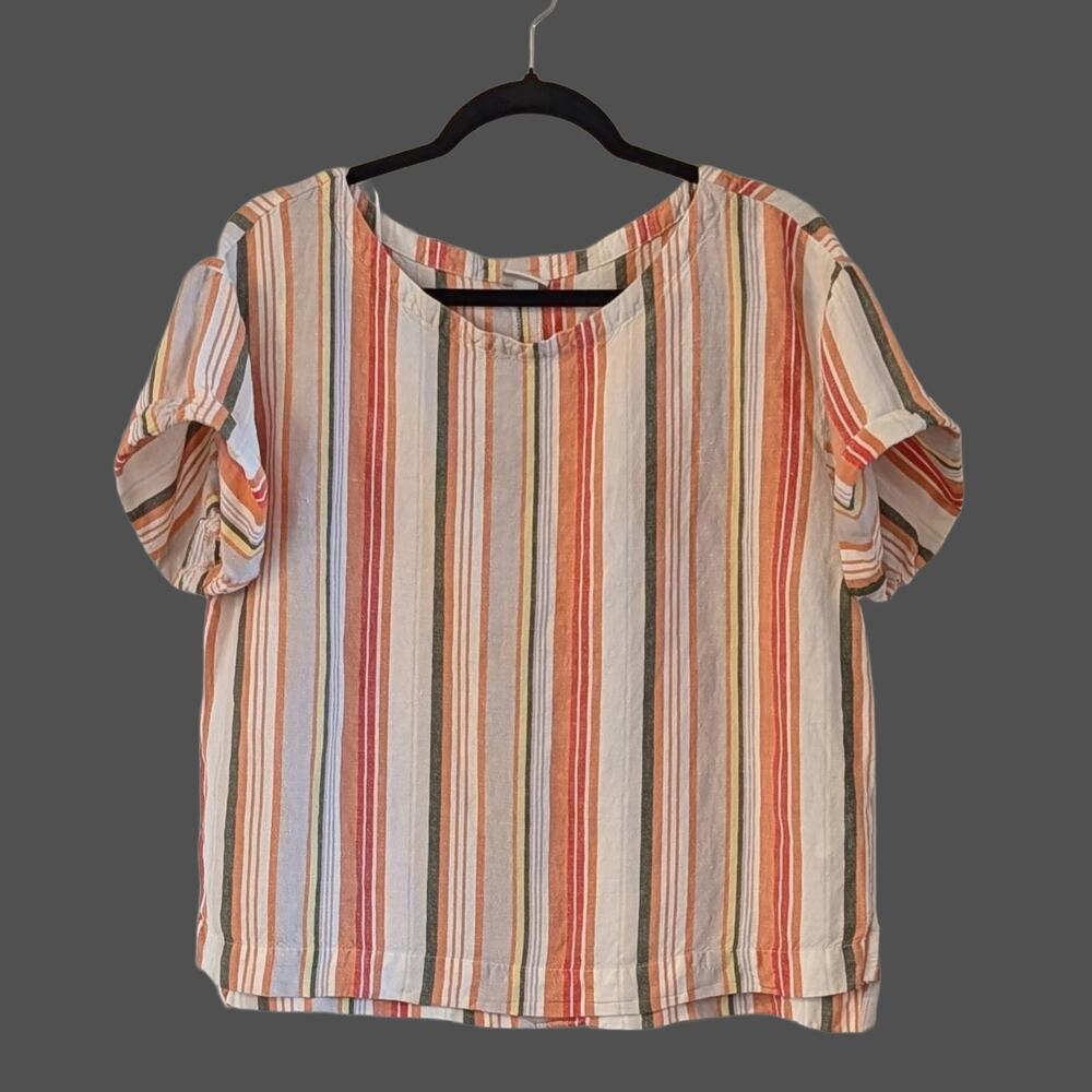 Linen Blend Striped Blouse Size L Lightweight Summer Coastal Casual Top